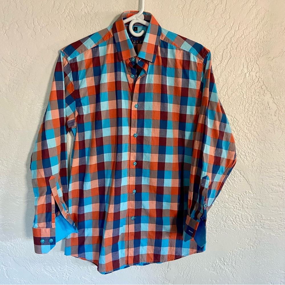 3/$25 Visconti Blue Orange Check Plaid‎ Shirt S
